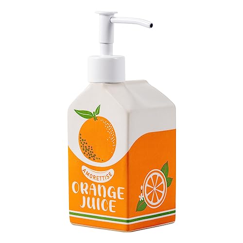 Ceramic Orange Juice Bottle Soap Dispenser, Refillable Lotion Pump Bottle for Bathroom Kitchen Dish Soap | Cute Funny Design, Refillable, Reusable, 300ml/10oz - color: Juice