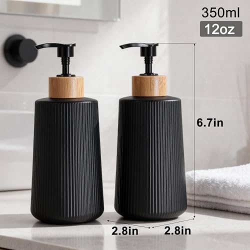 Glass Soap Dispenser, Thickened Glass Hand Soap Dispenser for Bathroom, Kitchen Dish Washing Liquid Bottles, Shampoo and Conditioner Bottles, Modern Farmhouse Style (Black, Set of 2, 12oz)