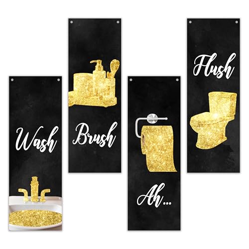 4 Pcs Gold Bathroom Decor Wooden Sign, Glam Bathroom Wall Art, Black And Gold Wall Art, Modern Women Funny Wooden Hanging Sign For Washroom Bathroom Restroom Farmhouse Decor, A23 - color: Relax Breathe Unwind Soak 2