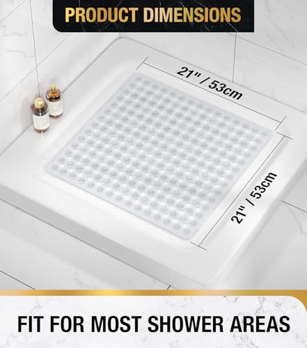 HITSLAM Shower Mat Anti Slip, Square Bath Mat for Tub Non Slip with Suction Cups and Drain Holes, 21x21 Inch Bathroom Shower Stall Floor Mat, Machine Washable, Soft on Feet, Clear - color: Clear, size: 21" x 21" (Square)