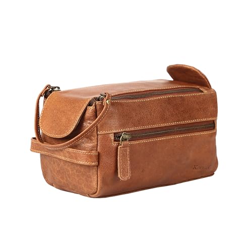 KomalC Premium Buffalo Leather Toiletry Bag for Men & Women With Water resistant Lining, Grooming Travel Pouch, Unisex Wash Bag for Toiletries, Gifts for Men and Women - color: Chicago Buff