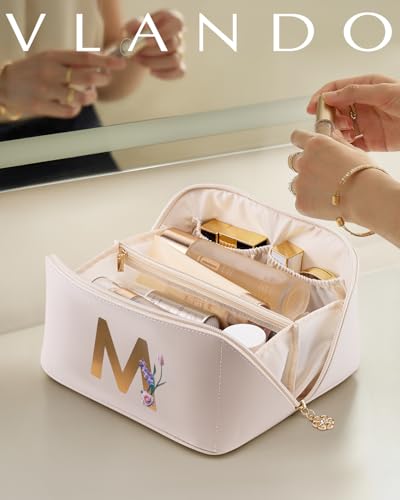 VLANDO Gifts for Women, Initial Makeup Bag,Travel Makeup Bag,Teacher Appreciation Gifts Birthday Gifts Bridesmaid Gifts Bride Wedding Gifts Graduation Gifts Valentine's Day Gift(Letter M) - color: 14.White-M