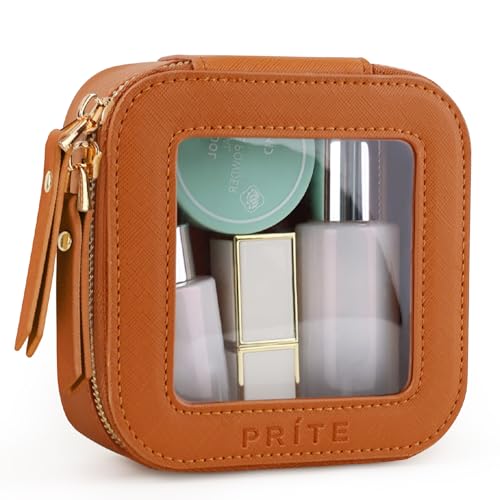 Prite Small Makeup Bag for Women Portable Clear Makeup Bag Cute Mini Waterproof Travel Cosmetic Bag with Gold Zipper for Car Essentials(Brown) - color: Brown, size: Mini - Single Layer