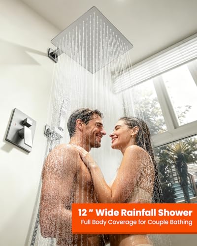 gotonovo Shower System with Tub Spout,Waterfall Tub Shower Faucet Set for Bathroom Head and Handle Set Wall Mounted 3 Function Rough-in Valve and Trim Included 12 inch Shower Head Brushed Nickel - color: Brushed Nickel, size: 12 inch Shower Head
