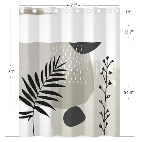 No Hook Boho Shower Curtain and Liner Set 71 x 74 Inch | Gray Abstract Botanical Design, Waterproof Fabric Bath Curtain for Mid Century Modern Bathroom, Hotel, Breathable Mesh Top - color: Gray 02
