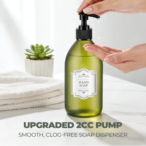 16 oz Frosted Green Glass Soap Dispenser with Pump, Glass Pump Bottle for Lotion Body Oil, 500ml Hand and Dish Soap Dispensers Set with Storage Caps, Labels - 2 Pack - color: Green