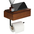 Toilet Paper Holder with Acacia Wood Shelf - Wall Mount & Self-Adhesive Bathroom Tissue Roll Holder, Black Stainless Steel with Storage - Home Apartment Restroom - color: Walnut & Matte Black Storage