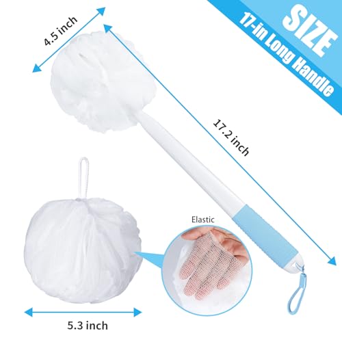 VANZAVANZU Loofah Sponge Set Back Scrubber for Shower, Anti-Slip Plastic 17" Handle Loofah on a Stick with Fluffy Shower Sponge, PE Soft Mesh Shower Loofahs-White with Blue Grip