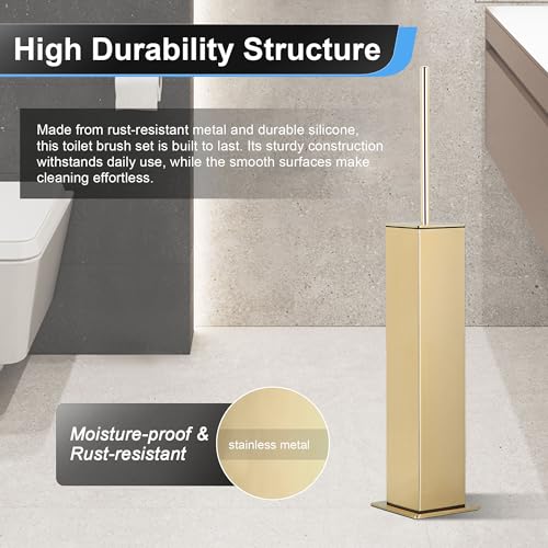 BVL Toilet Brush and Holder Set Gold Stainless Steel 304 Square Freestanding Toilet Brush for Bathroom - color: Gold