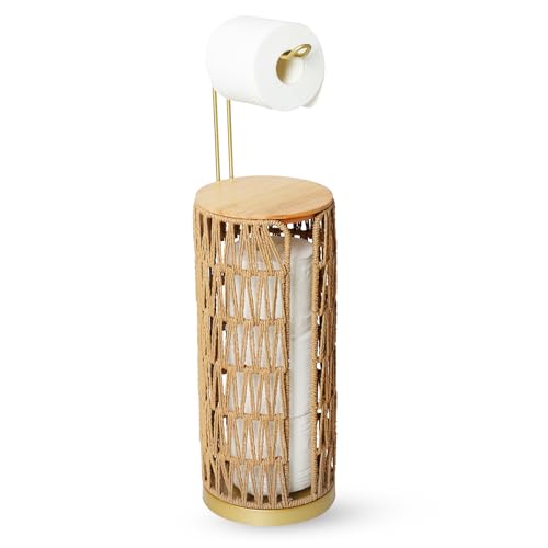 Trongee Freestanding Toilet Paper Holder with Storage,Goldn Handmade Woven Toilet Paper Roll Holder Stand,3 Rolls of Tissue Holder for Bathroom,Rattan Sturdy Boho Bathroom Toilet Paper Storage - color: Gold
