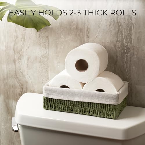 Beautiful Toilet Paper Storage Basket Set of 2 – Decorative Wicker Bathroom Organizer for Toilet Tank Trays - Quality Holder Bin for Shelves Fits Perfectly with Any Bathroom Decor - color: Sage