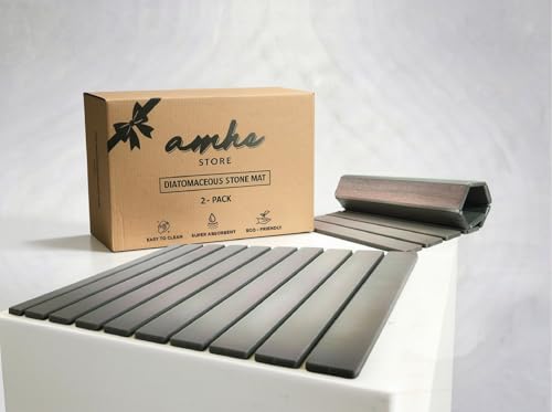 Amhe 2 Pack Foldable Stone Bath Mat – Non Slip Bathroom Rug, Lovely & Super Absorbent Diatomaceous Earth Mat, Quick Dry Bath Mat, Bathroom Floor Mat, Also Use as Stone Drying Mat for Kitchen Counter