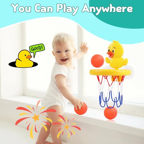 Bath Toys, Bathtub Basketball Hoop for Toddler Kids, 3 Soft No Hole Balls & Bath Basketball Hoop with Strong Suction Cup, Yellow Duck Baby Shower Bath Toys Set for Boys and Girls - style: Yellow Duck