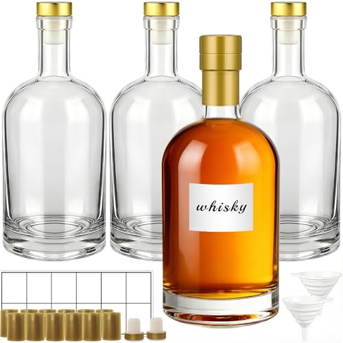 TBWIND 4 Pack 32oz/1000ml Clear Glass Bottles with T-Top Cork Stoppers | Thick heavy base airtight wine & liquor bottles. Ideal for beverages, whiskey, oil, vinegar, wedding favors & crafts - color: 32oz/ 1000ml, size: Clear