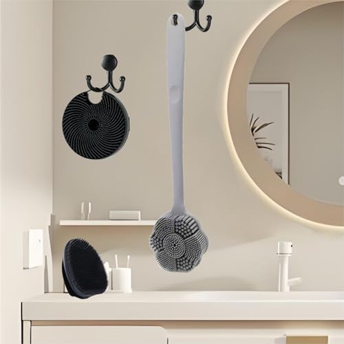 Back Body Scrubber & Face Scrubber for Shower - 15 Inch Long Handle Double Sided Silicone Body Brush for Exfoliation & Massage, Soft Facial Cleansing Brush, Rich Lathering for Deep Cleansing (Gray) - color: Gray