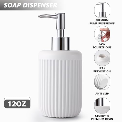 XLHOMO Resin White Bathroom Accessories Set 5 Pcs, Lotion Soap Dispenser, Toothbrush Holder, Bathroom Tumbler, Qtip Holder and Vanity Tray, Bathroom Countertop Organizer Set for Modern Home Apartment - color: White, size: Resin Bath Set