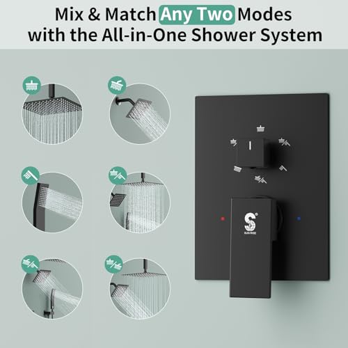 Shower Faucet Set Shower System - SR SUN RISE Matte Black Shower Trim Kit with Dual Shower Head, 12'' Ceiling Rainfall 6'' Wall Mount with Handheld Shower for Couples, Complete 6 Diverter Valve - color: Black, size: 12 Inch