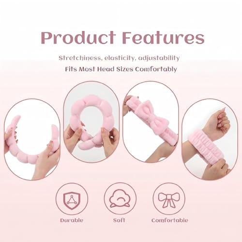 Makeup Headband for Washing Face Wristband Set, Pink | Soft absorbent fabric, snug head-hugging fit for face washing, skincare, makeup, masks, travel, women and teen girls - color: Pink