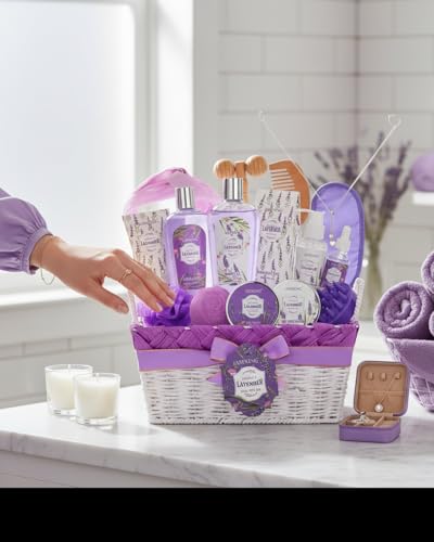 19-Pc Luxury Body Gift Set for Women, Lavender Bath and Body Gift Basket, Spa Gift Basket, Home Spa Gifts, Facial Care, Necklace, Skin Care gift set for Mother Day, Anniversary, Birthday, Christmas