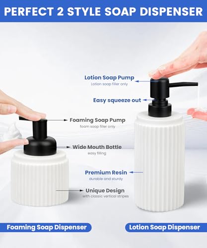 White Bathroom Accessory Set - 6 Pcs: Toothbrush Holder, Lotion & Foaming Soap Dispensers, Qtip Holder, Vanity Tray, Bathroom Tumbler, Countertop Organizer - color: White