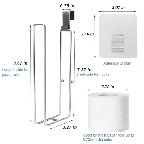 Toilet Paper Holder Wall Mount, Storage Extra 2 Roll Tissue, Over The Tank Toilet Paper Holder, Brushed Nickel and Chrome Tissue Holder for Bathroom Organizer, Adhesive Paper Holder, 1Pcs - color: Silver, 1pcs, 8.67in