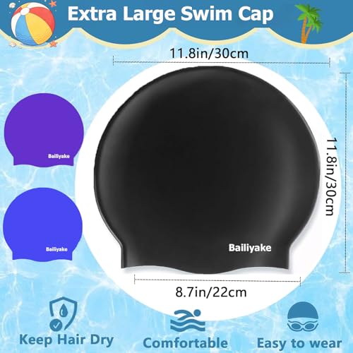 3 Pack Extra Large Swim Cap for Braids & Dreadlocks - Waterproof Silicone Swim Hat for Women with Long Thick Hair, Protective Swim Cap Cover Ears for Swimming, Shower, Bathing - color: Black+Blue+Purple