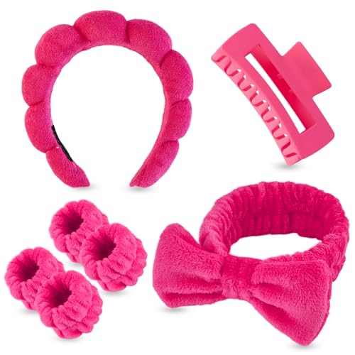 7 Pcs Spa Set, Facial Headband and Wristband Set, Skincare Accessories, College Style Girl Idea Gifts, Hair Accessories for Women and Girls（Hot Pink） - color: Hot Pink