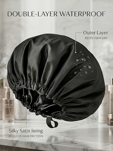 Aquior Shower Cap for Women, Extra Adjustable Shower Caps for Women Double-Layer Waterproof Reusable Hair Cap, Large Size Hair Cap for All Hair,for Girls Spa Bath,Soft and Comfortable (Back) - color: black