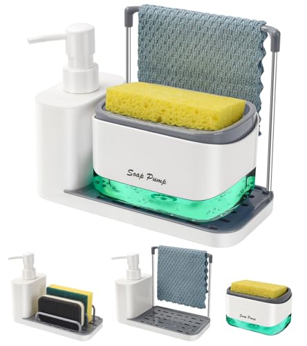 Hand and Dish Soap Dispenser Set with Tray, Dual Soap Dispenser with Sponge Holder and Dishcloth Holder 5-in-1 Organizer for Kitchen Sink Countertop Storage Organize - Useful Kitchen Gadgets (White) - color: White