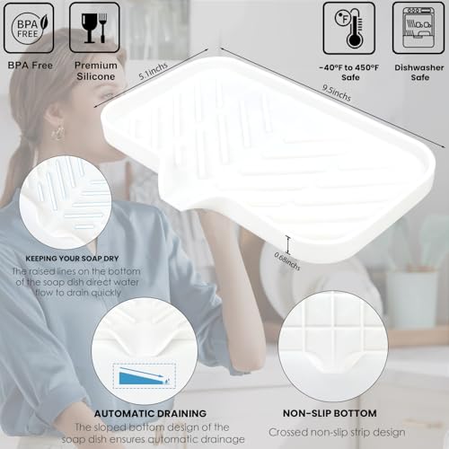 Yasmen Silicone Bathroom Soap Dishes, Sink Sponge Holder for Kitchen, Rubber Soap Dish with Drain, Shower Soap Sponge Tray, Sink or Counter Organizer, for Bar Soap, Bottle, Dish Soap Dispenser-White - color: White, size: L(9.5"×5.1" )