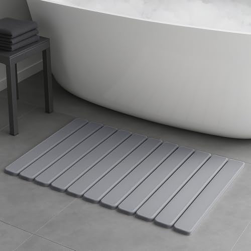 Premium Foldable Stone Bath Mat - Ultra Absorbent Quick Drying Compact Easy to Store & Clean Non-Slip Diatomaceous Earth Bath Shower Mat (Delicate Grey) - color: Light Grey