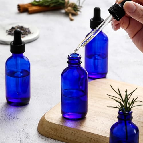 AOZITA 4 Pack, 2 oz Dropper Bottles with 1 Funnel & 4 Labels - 60ml Thick Dark Blue Glass Tincture Bottles with Eye Droppers - Leakproof Essential Oils Bottle for Health, Personal Care & Beauty - color: Blue