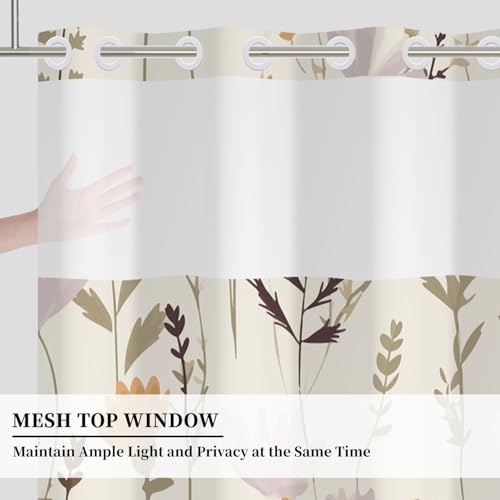No Hook Floral Shower Curtain with Snap in Liner Set 71x74 Inch | Wildflower Botanical Shower Curtain with Mesh Top Window, Neutral Boho Farmhouse Waterproof Washable Fabric Bath Decor - color: Wildflowers-b
