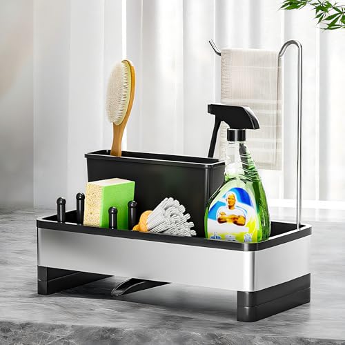 Ewaiira Sponge Holder for Kitchen Sink, Stainless Steel Sink Caddy with Brush Holder & Dishcloth Rack, Countertop Sink Organizer, Soap Dispenser Kitchen Organizers Storage Essentials (D-Black 9.8″) - color: D-black