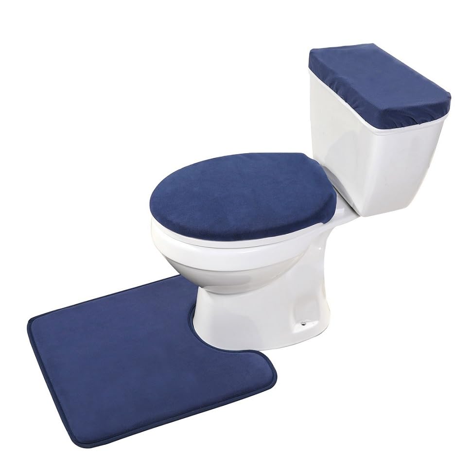 Madeals Memory Foam Toilet Mat and Velvet Toilet lid Cover Set with Toilet Tank Cover Velvet 3 Piece Toilet Set Navy Blue - color: Navy Blue