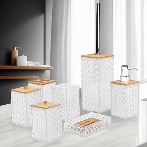 Bathroom Accessory Set,7 Pcs White Bathroom Set Include Soap Dispenser, Qtip Holder Dispenser, Soap Dish,Toilet Brush,Toothbrush Holder & Mouthwash Cup.Boho Bathroom Set