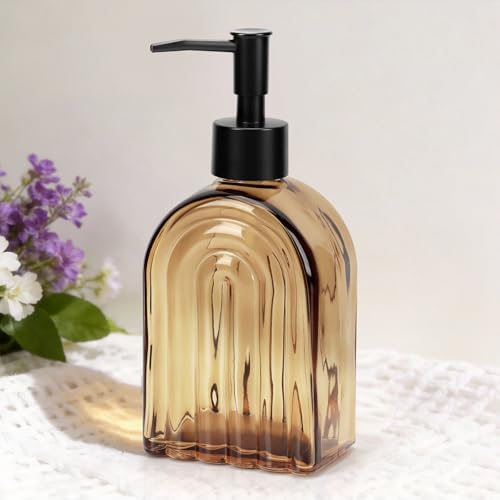 Elegant Amber Glass Soap Dispenser with Black Pump | 400ML Modern Bathroom & Kitchen Dispenser for Hand Soaps, Lotions, Essential Oils - color: Amber