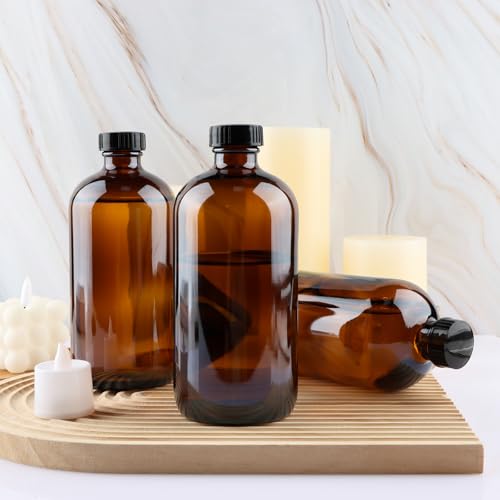PINIWON 12 Pack 16 oz Amber Glass Bottles, Boston Round Sample Bottles with Black Poly Cone Caps, Labels and Funnels - color: Amber