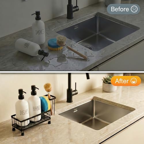 Kitchen Soap Dispenser Set with Sponge Holder & Brush Holder - 16oz Glass Hand and Dish Soap Dispenser, Instant Dry Diatomaceous Earth Stone Tray, Non-Slip Silicone Pad, Sink Organizer(White)