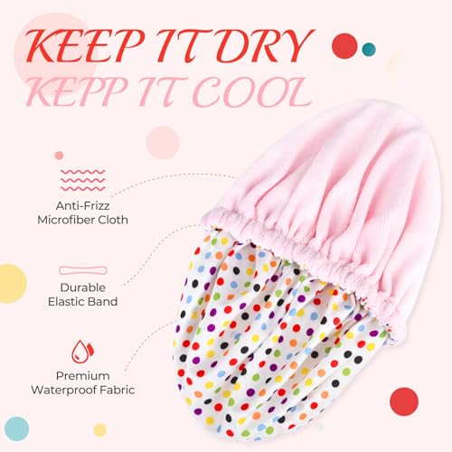Shower Cap for Women Terry Lined Bath Cap Large Reusable Waterproof Elastic Band Pink Point Shower Caps for Long Thick Hair Soft Bath Shower Hair Caps - color: Color Dots