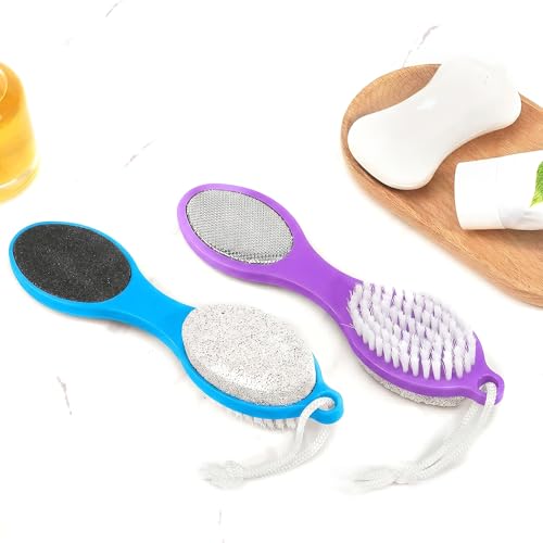 2 Pcs 4 in 1 Foot Brush for Use in Shower with Pumice Stone, Foot Rasp and Sandpaper, Foot Scrubber Brush for Feet, Dead Skin Remover for Foot Care (2 Colors) - style: 2 Purple Gray Blue Foot Brush