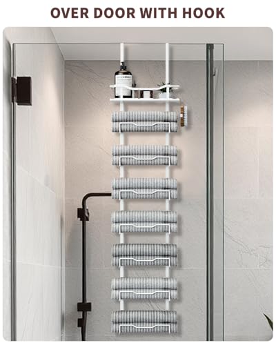 Hanging Towel Racks for Bathroom No Drill - Over The Door 8-Tier Bath Towel Storage Organizer for Small Bathrooms - Back Door Large Tiered Towel Holder Hanger for Rolled Towels RV Camper White - color: White, size: 8 Tier