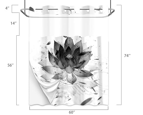 Lotus Hookless Shower Curtain with Snap in Liner, Black and White Zen Spa No Hook Shower Curtain and Liner Set, Ringless with Window Waterproof Cloth Fabric, 60" W X 74" L - color: Ink Water, size: 60"W x 74"L (Pack of 1)