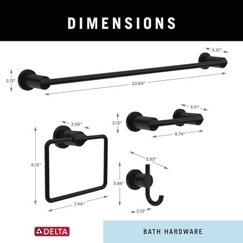 Delta 4-Piece Matte Black Bathroom Set Towel Rack, Ring, Toilet Paper Holder, Hook | Nicoli Bath Accessories - color: Matte Black
