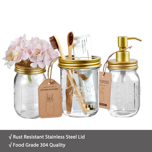 SheeChung Mason Jar Toothbrush Holders, Glass Toothbrush Holders for Bathroom, Bathroom Essentials, Mason Jar Bathroom Accessories Set, Bathroom Countertop Organizer-Gold - color: Gold