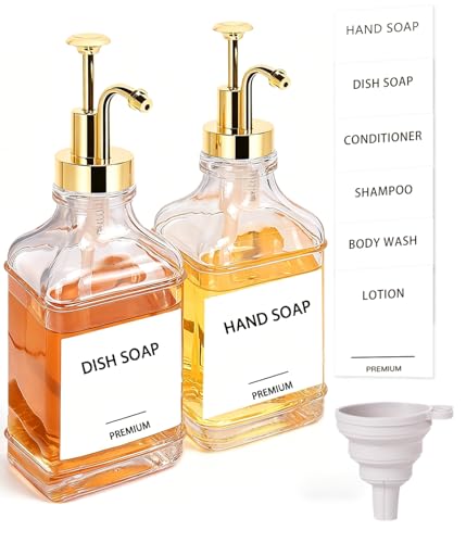 Dish Soap Dispenser for Kitchen, Hand Glass Soap Dispenser Set with Pump, Funnel for Bathroom, Shower, Laundry, Liquid, Lotion (Gold 2 Pack 18 Oz Clear Bottles with 12 Stickers) - color: Gold Square, size: 18Oz