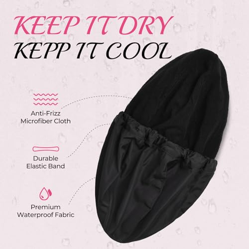 Shower Cap for Women Black Bath Cap, Reversible Large Waterproof Adjustable Shower Caps Terry Lining & Elastic Band Stretch Hem Hair Hat - color: BLACK