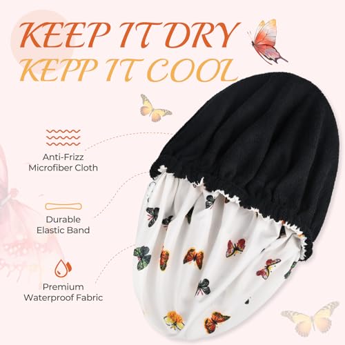 Shower Cap for Women Terry Lined Bath Cap Large Reusable Waterproof Elastic Band Butterfly Shower Caps for Long Thick Hair Soft Bath Shower Hair Caps - color: Colorful Butterfly