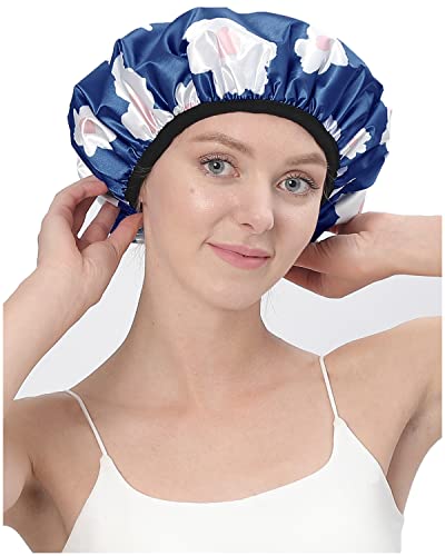 YIZIJIZI Terry Lined Shower Cap,Triple Layer Large Cap for Women,Shower Cap Reusable Waterproof,Long Thick Hair(Blue) - color: Blue