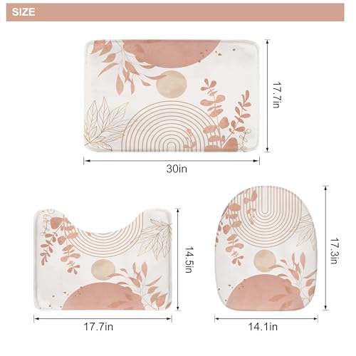 Riyidecor Boho Pink Gold 4Pcs Bathroom Shower Curtain Sets Mid Century Modern Minimalist Leaves Bathroom Decor Set with Rugs and Accessories Abstract Toilet Lid Rug, Contour and Bath Mat with 12 Hooks - color: 02pink Gold